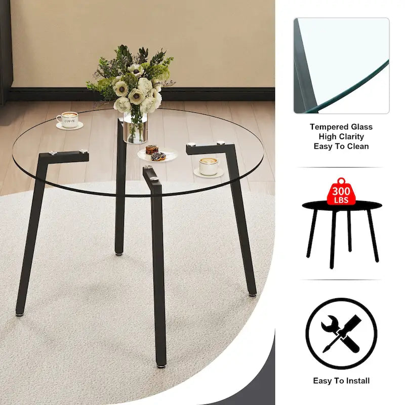Black/Transparent/Gold Tempered Glass Square Dining Table, Seats 4