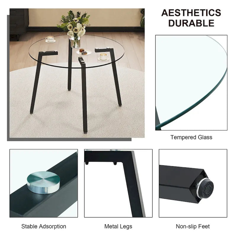 Black/Transparent/Gold Tempered Glass Square Dining Table, Seats 4
