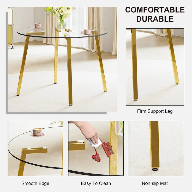 Black/Transparent/Gold Tempered Glass Square Dining Table, Seats 4
