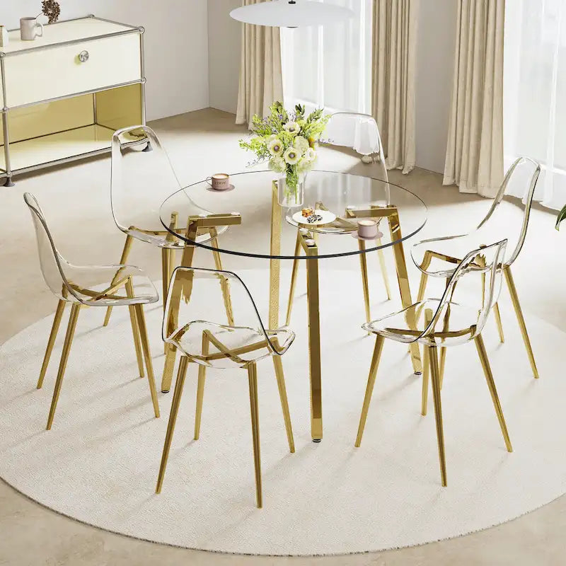 Black/Transparent/Gold Tempered Glass Square Dining Table, Seats 4