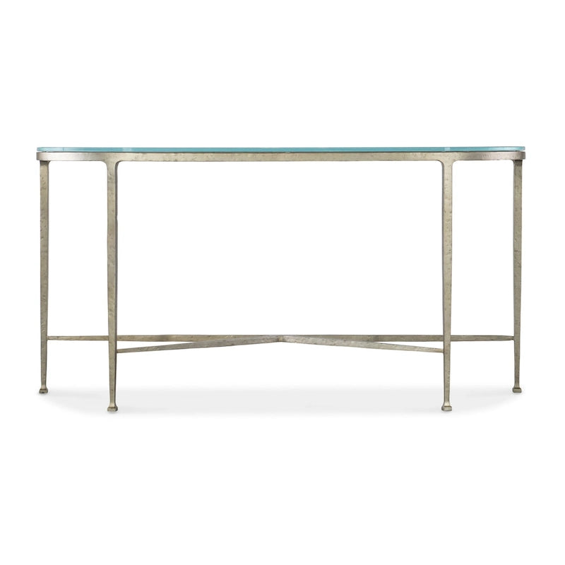 Clear Glass Top Black Iron Sofa Table, X-Stretcher Style
