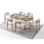 Cream 8-Piece Dining Set, Oval Table, 6 Chairs & Buffet with Mirror