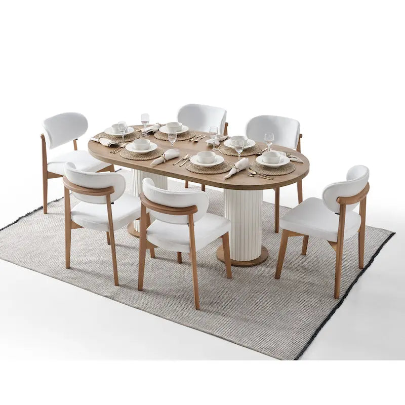 Cream 8-Piece Dining Set, Oval Table, 6 Chairs & Buffet with Mirror