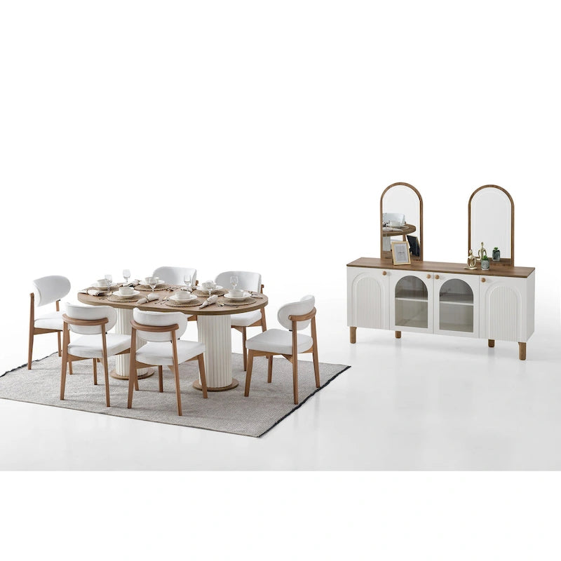 Cream 8-Piece Dining Set, Oval Table, 6 Chairs & Buffet with Mirror
