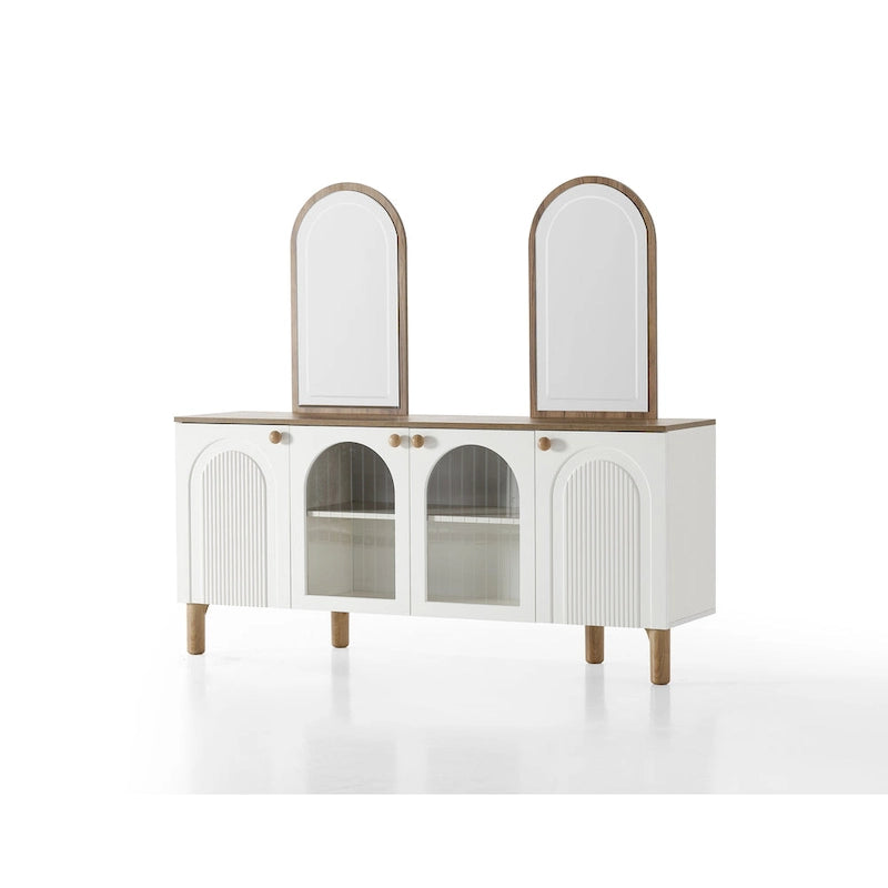 Cream 8-Piece Dining Set, Oval Table, 6 Chairs & Buffet with Mirror