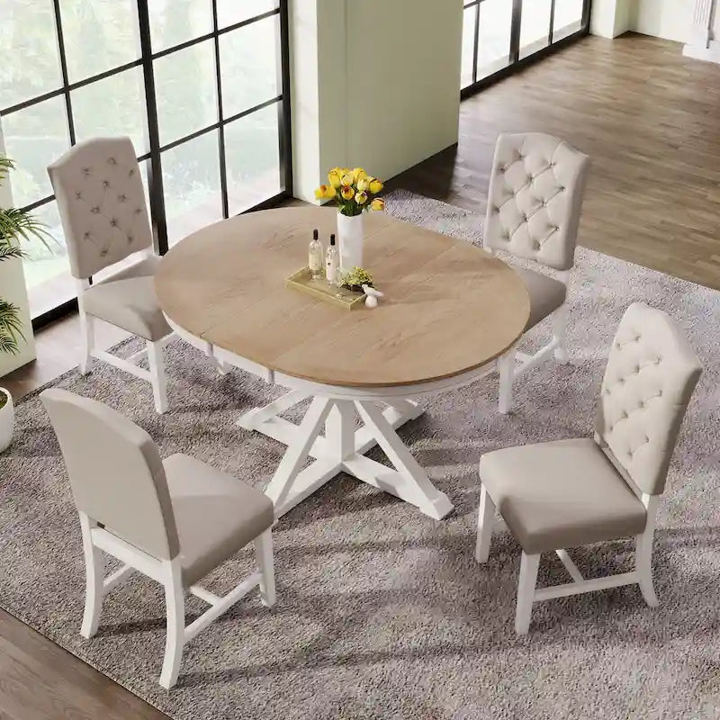 Natural Wood / Espresso / Oak+Off-White Extendable Dining Table Set, Seats 4–6, 5-Piece