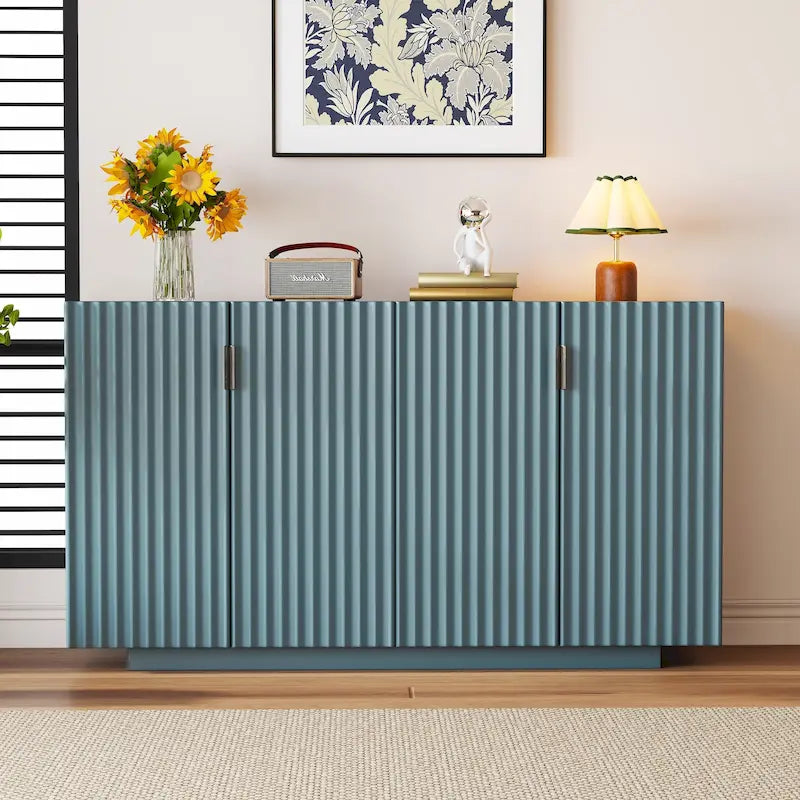 Antique Navy/Blue/Black Fluted 4-Door Sideboard, Retro Style, 1-Person Assembly