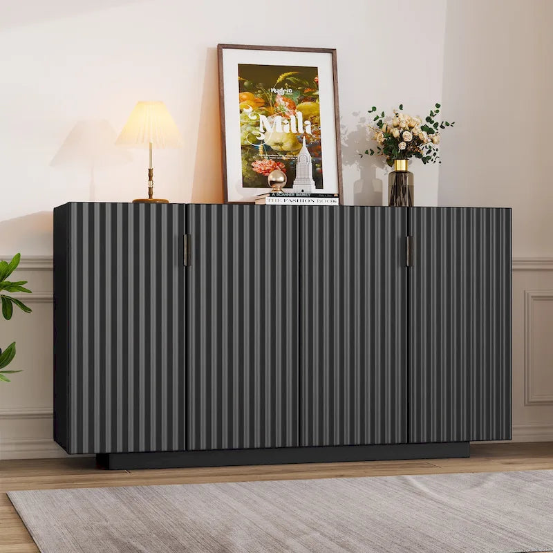 Antique Navy/Blue/Black Fluted 4-Door Sideboard, Retro Style, 1-Person Assembly