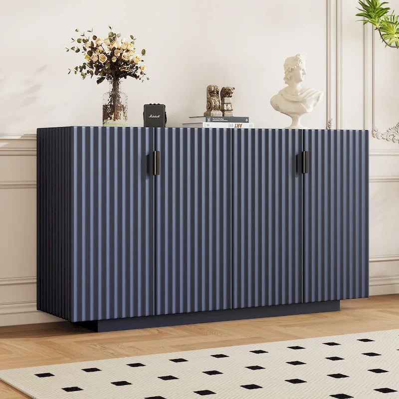 Antique Navy/Blue/Black Fluted 4-Door Sideboard, Retro Style, 1-Person Assembly