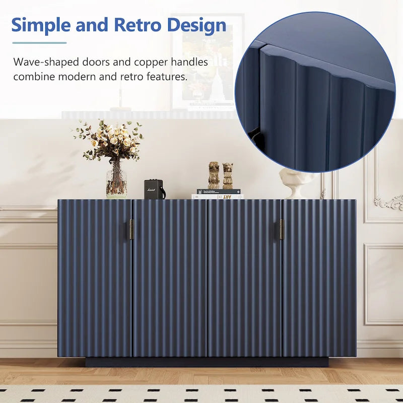 Antique Navy/Blue/Black Fluted 4-Door Sideboard, Retro Style, 1-Person Assembly