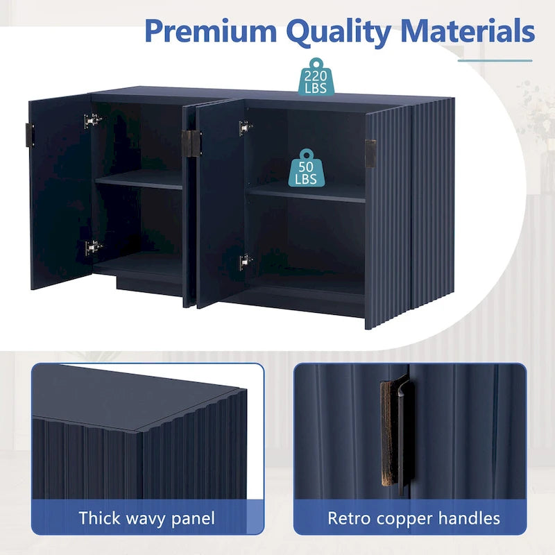 Antique Navy/Blue/Black Fluted 4-Door Sideboard, Retro Style, 1-Person Assembly