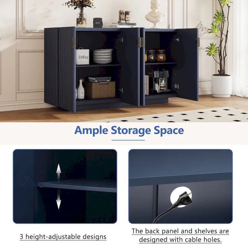 Antique Navy/Blue/Black Fluted 4-Door Sideboard, Retro Style, 1-Person Assembly
