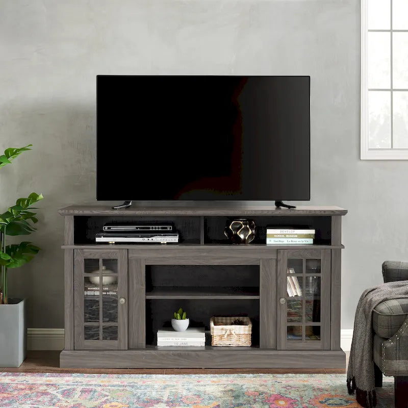 58.25" TV Stand, Black & Dark Walnut, Open Shelf + Cabinet, Fits up to 65" TV