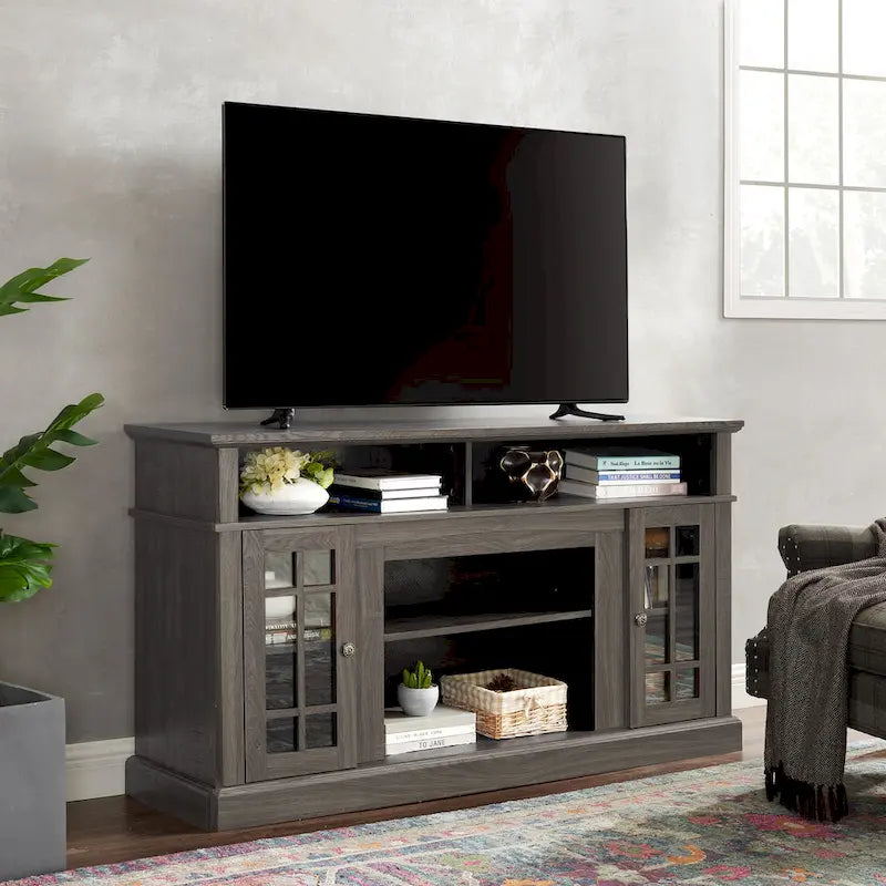 58.25" TV Stand, Black & Dark Walnut, Open Shelf + Cabinet, Fits up to 65" TV