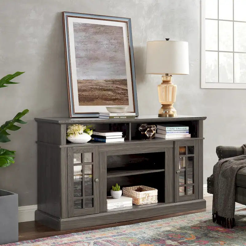 58.25" TV Stand, Black & Dark Walnut, Open Shelf + Cabinet, Fits up to 65" TV