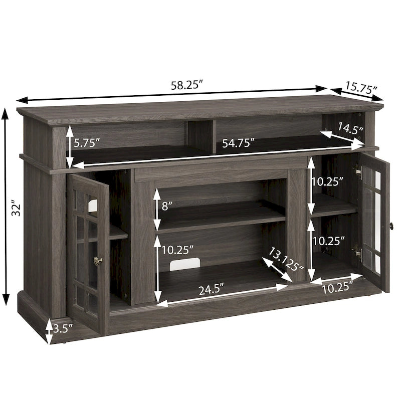 58.25" TV Stand, Black & Dark Walnut, Open Shelf + Cabinet, Fits up to 65" TV