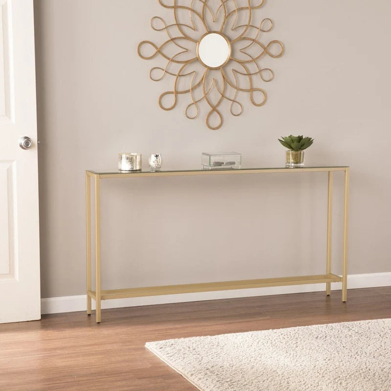 Silver & Gold Mirrored Glass Console Table, 4-Leg, 1-Piece – 56"L x 8"W x 30"H