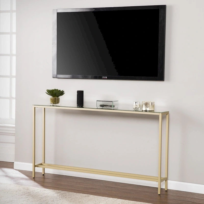Silver & Gold Mirrored Glass Console Table, 4-Leg, 1-Piece – 56"L x 8"W x 30"H
