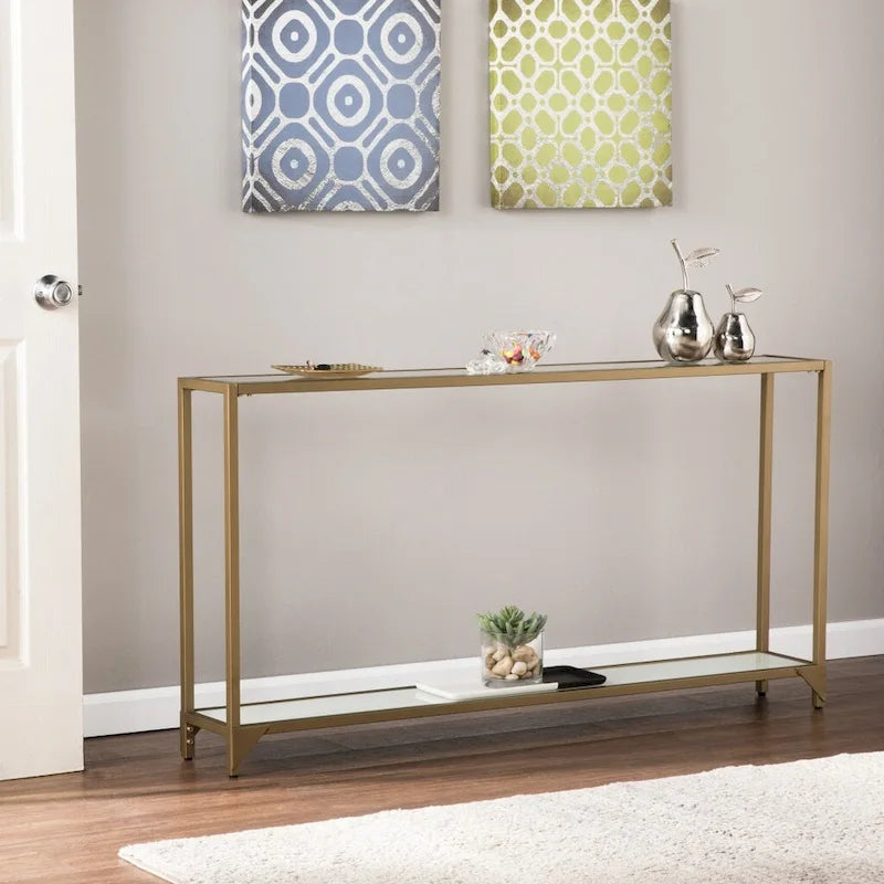 Clear Glass & Mirrored Metal Frame Console Table with Shelf – Clear-Gold / Clear-Black / Clear-Silver