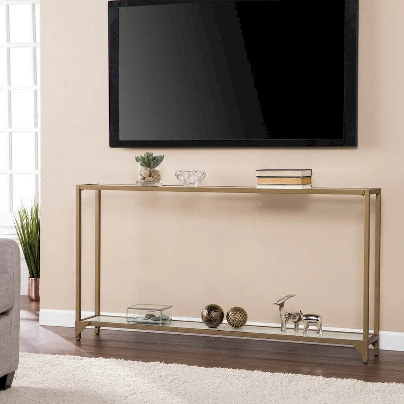 Clear Glass & Mirrored Metal Frame Console Table with Shelf – Clear-Gold / Clear-Black / Clear-Silver
