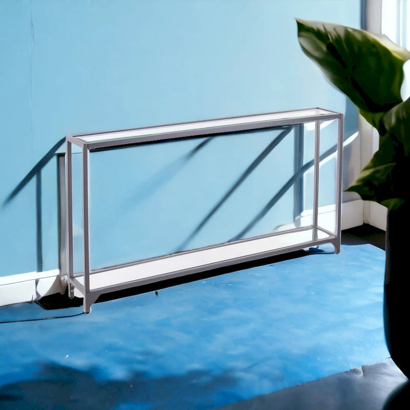 Clear Glass & Mirrored Metal Frame Console Table with Shelf – Clear-Gold / Clear-Black / Clear-Silver