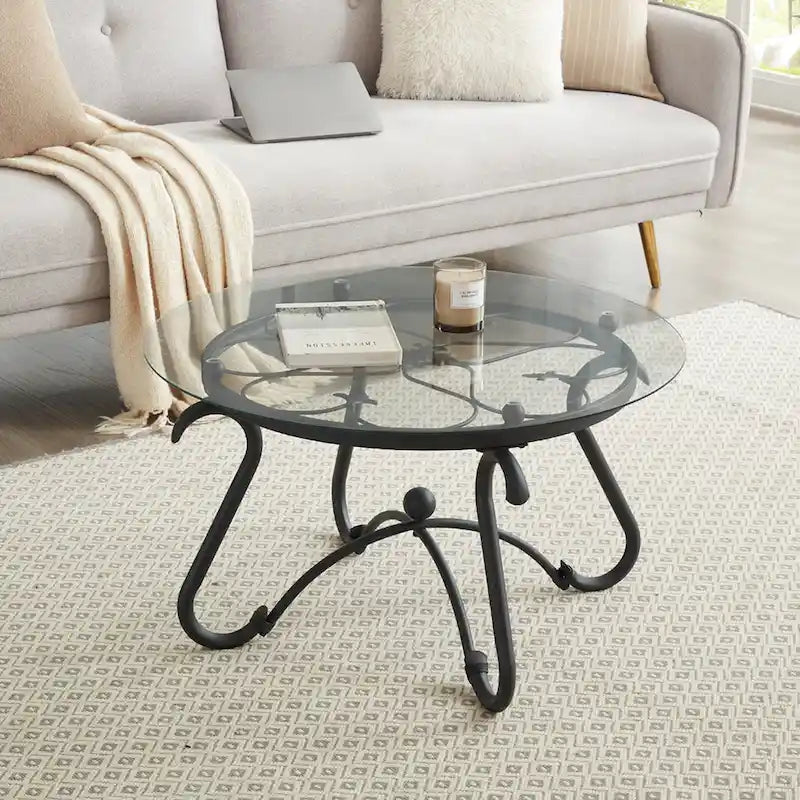 Black Round Tempered Glass Coffee Table & Side Table Set, 2-Piece, for 2–4 People