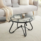 Black Round Tempered Glass Coffee Table & Side Table Set, 2-Piece, for 2–4 People