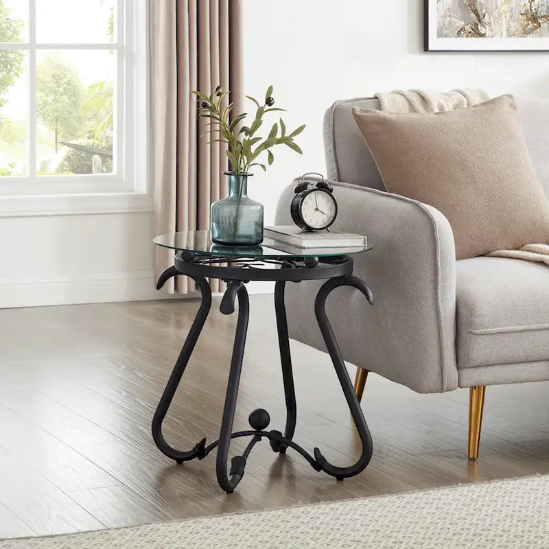 Black Round Tempered Glass Coffee Table & Side Table Set, 2-Piece, for 2–4 People