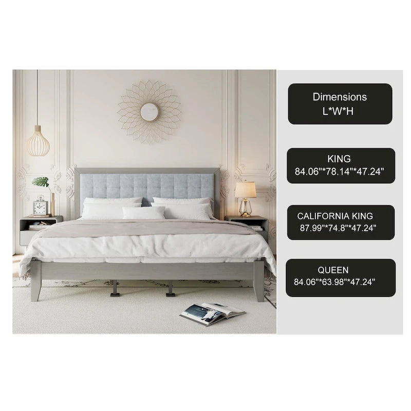 Grey Square-Tufted Upholstered Platform Bed – King (1–2 Person)
