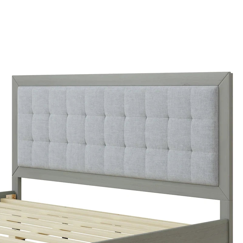 Grey Square-Tufted Upholstered Platform Bed – King (1–2 Person)