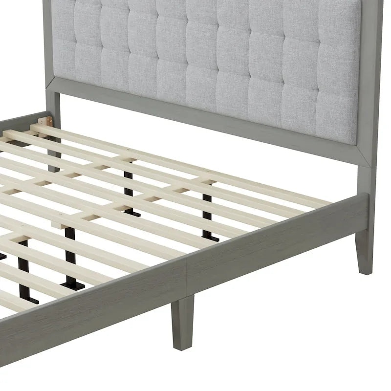 Grey Square-Tufted Upholstered Platform Bed – King (1–2 Person)