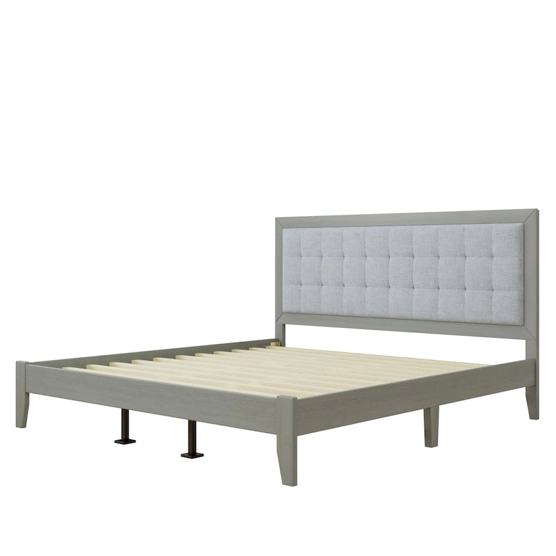 Grey Square-Tufted Upholstered Platform Bed – King (1–2 Person)