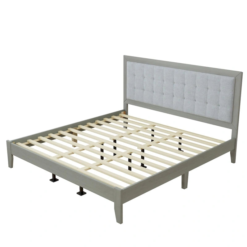 Grey Square-Tufted Upholstered Platform Bed – King (1–2 Person)