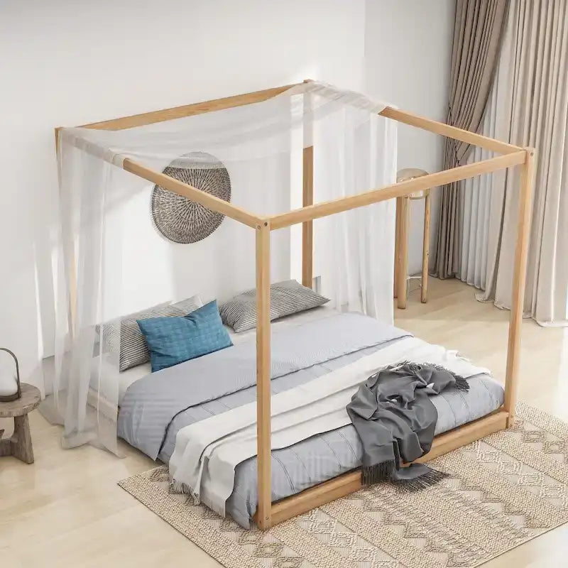 Natural/White Low Canopy Platform Bed Frame, Pine Wood, Queen/King, 2-Person