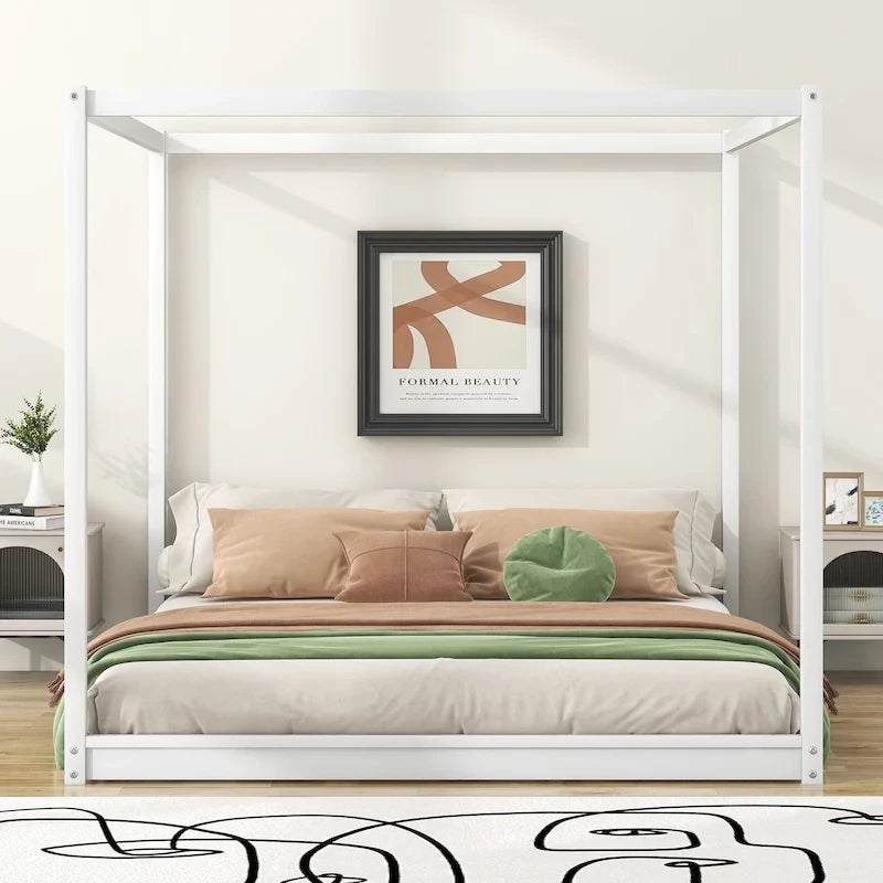 Natural/White Low Canopy Platform Bed Frame, Pine Wood, Queen/King, 2-Person