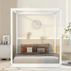 Natural/White Low Canopy Platform Bed Frame, Pine Wood, Queen/King, 2-Person