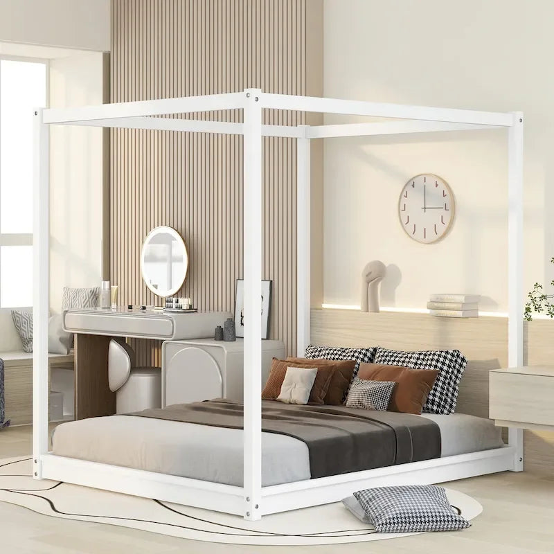 Natural/White Low Canopy Platform Bed Frame, Pine Wood, Queen/King, 2-Person