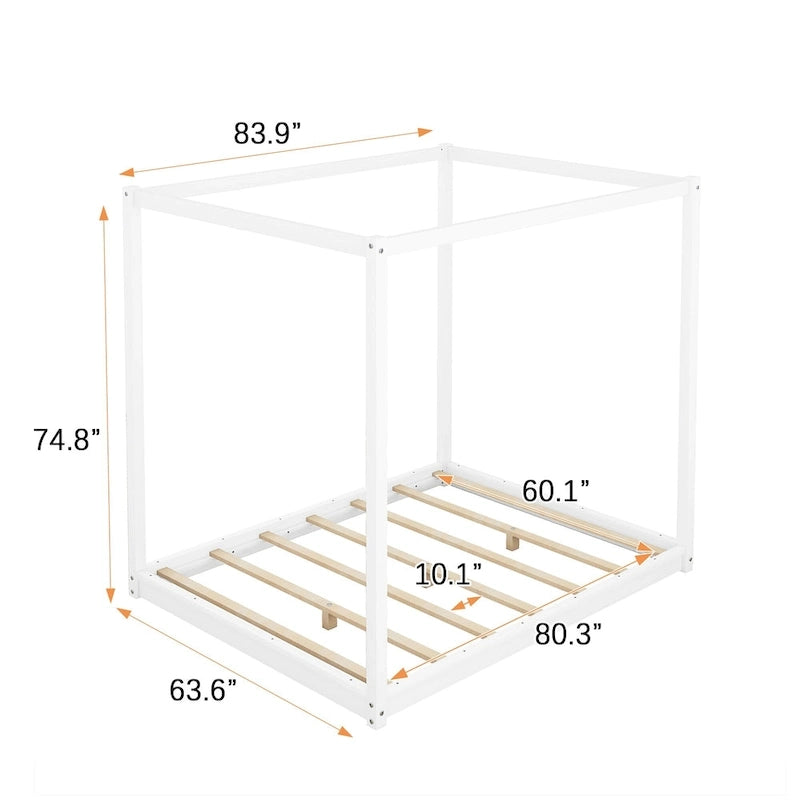 Natural/White Low Canopy Platform Bed Frame, Pine Wood, Queen/King, 2-Person