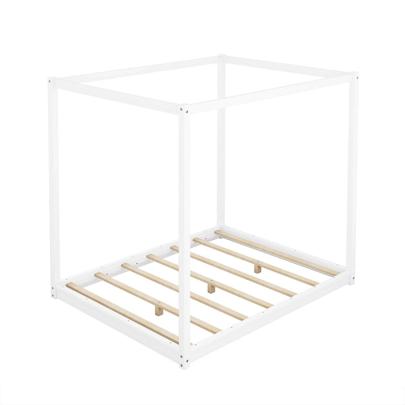 Natural/White Low Canopy Platform Bed Frame, Pine Wood, Queen/King, 2-Person