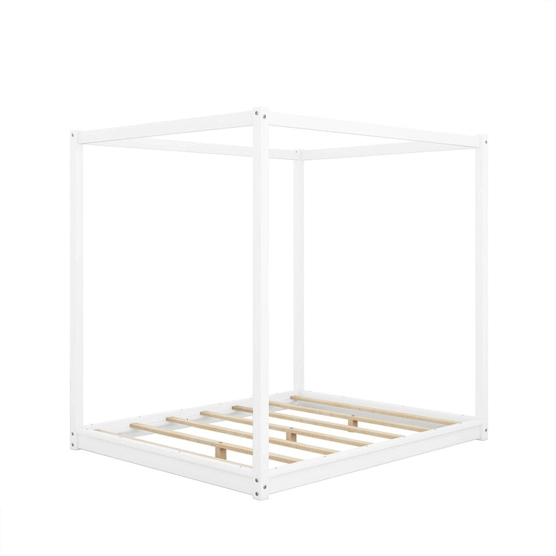 Natural/White Low Canopy Platform Bed Frame, Pine Wood, Queen/King, 2-Person