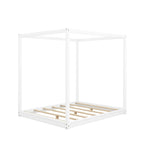 Natural/White Low Canopy Platform Bed Frame, Pine Wood, Queen/King, 2-Person