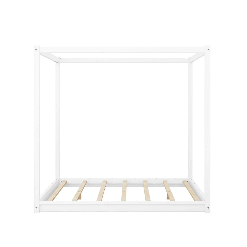 Natural/White Low Canopy Platform Bed Frame, Pine Wood, Queen/King, 2-Person