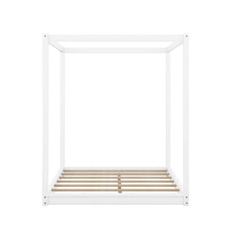 Natural/White Low Canopy Platform Bed Frame, Pine Wood, Queen/King, 2-Person
