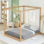 Natural/White Low Canopy Platform Bed Frame, Pine Wood, Queen/King, 2-Person