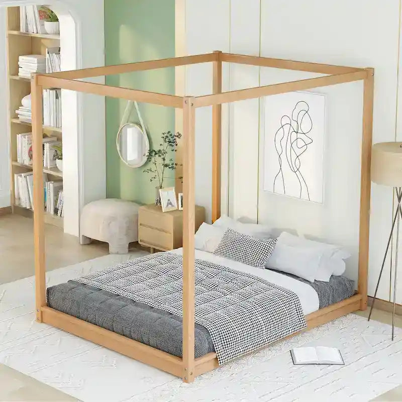 Natural/White Low Canopy Platform Bed Frame, Pine Wood, Queen/King, 2-Person