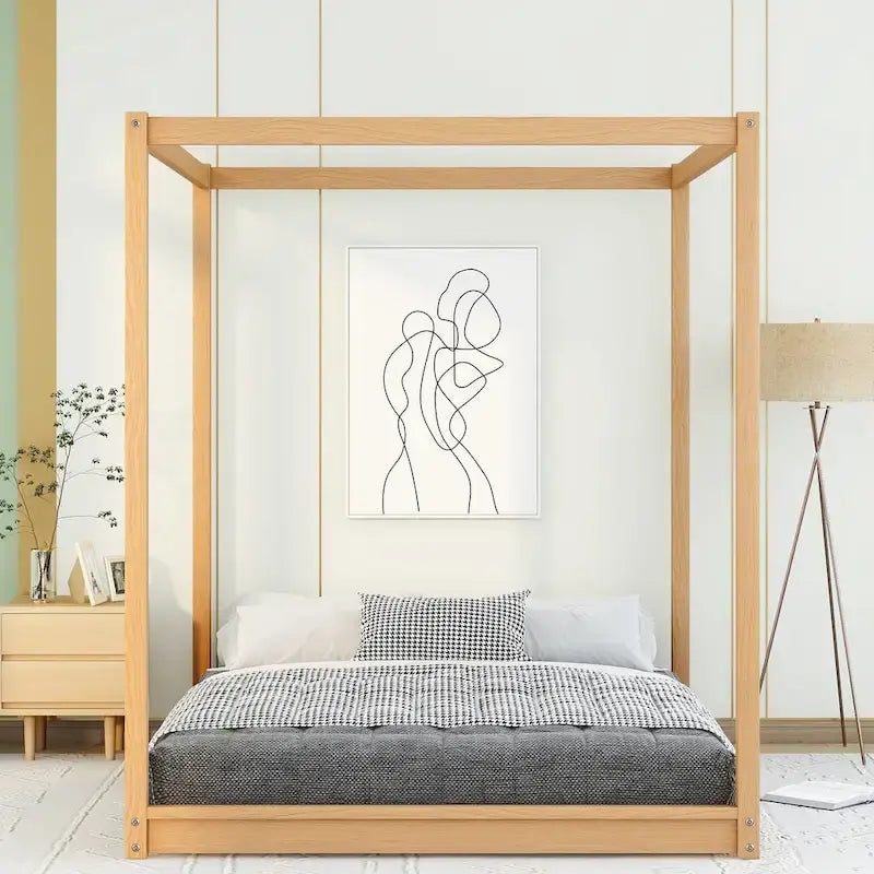 Natural/White Low Canopy Platform Bed Frame, Pine Wood, Queen/King, 2-Person