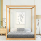 Natural/White Low Canopy Platform Bed Frame, Pine Wood, Queen/King, 2-Person