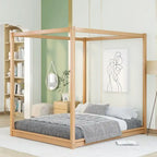 Natural/White Low Canopy Platform Bed Frame, Pine Wood, Queen/King, 2-Person