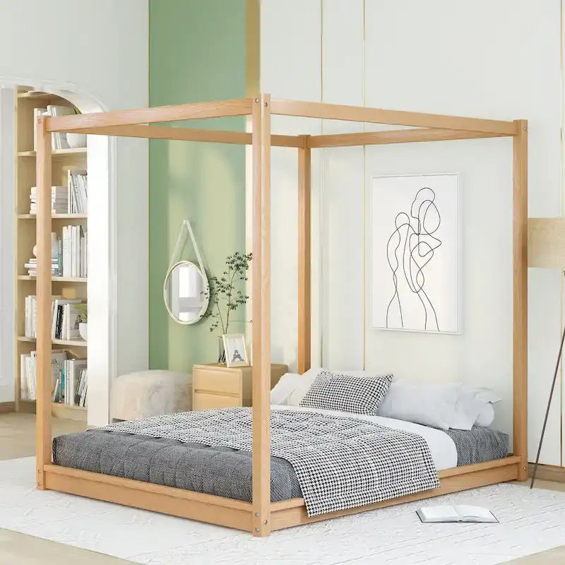 Natural/White Low Canopy Platform Bed Frame, Pine Wood, Queen/King, 2-Person