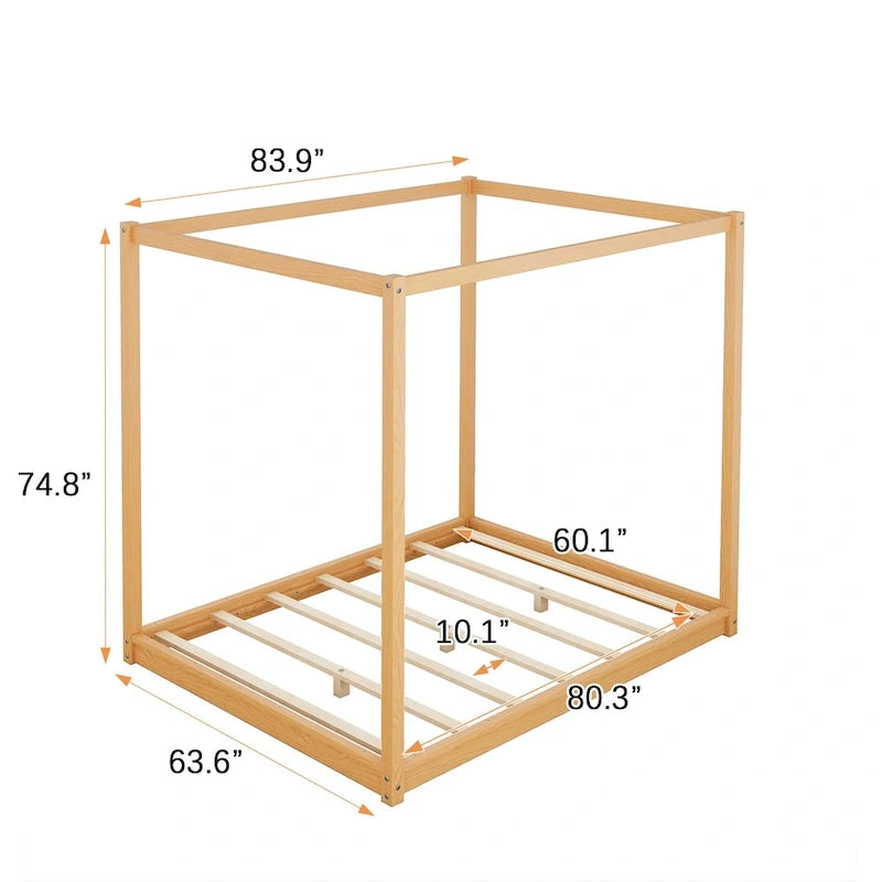Natural/White Low Canopy Platform Bed Frame, Pine Wood, Queen/King, 2-Person